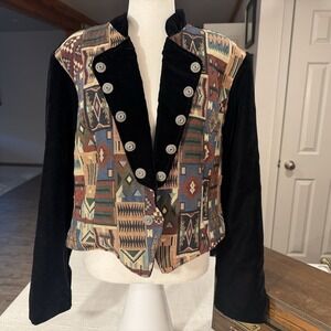 Vintage Woman's Circle T Western Tapestry Jacket Velvet Trim & Concho Buttons XL